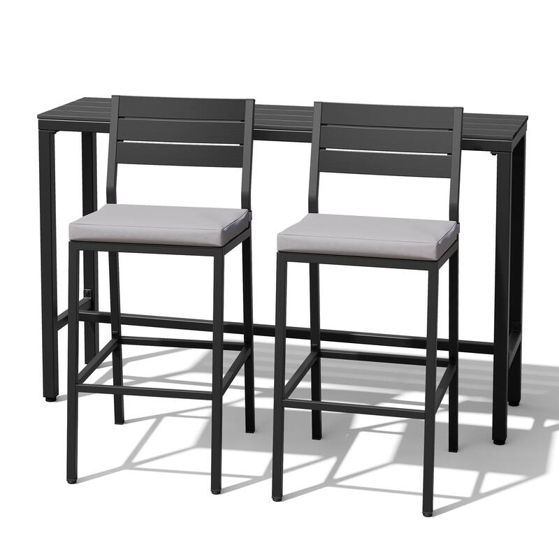 Outdoor 3-Piece Patio Bar Stools Set Rectangle Bar Table and Barstools with Cushion - Black Table with Light Grey Cushion Chairs