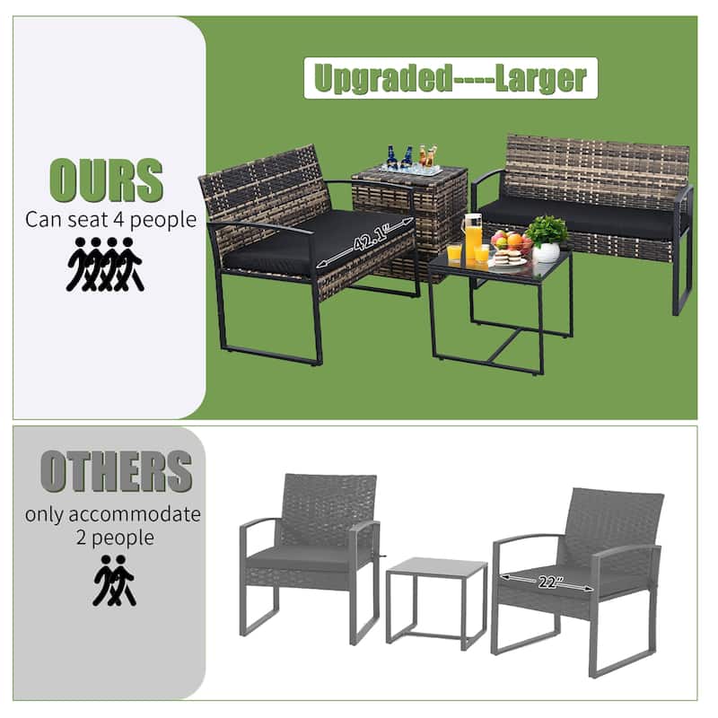 4-Piece Wicker Outdoor Sofa Set, 2 Loveseats, 1 Table, 1 Ice Bucket