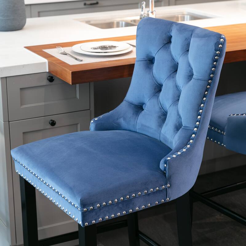 27.2 Inch Bar Stools Set of 2, Blue Velvet Upholstered Barstools Set with Chrome Nailhead Trim, Solid Wood Legs, Tufted Wingback