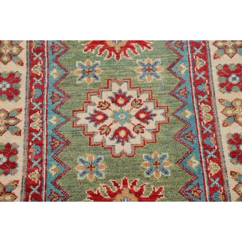 Green Geometric Kazak Oriental Foyer Rug Hand-Knotted Wool Carpet - 2'8" x 4'0"
