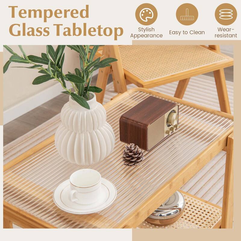 Costway Bamboo Side Table with Rattan Shelf Glass Top Nightstand Small