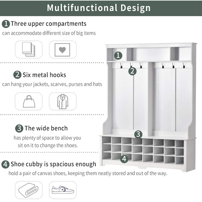 Hallway Coat Rack with Bench 60" Wide Hall Tree with Ample Storage Space and 24 Shoe Cubbies , White ( OLD SKU: WF286983AAK )