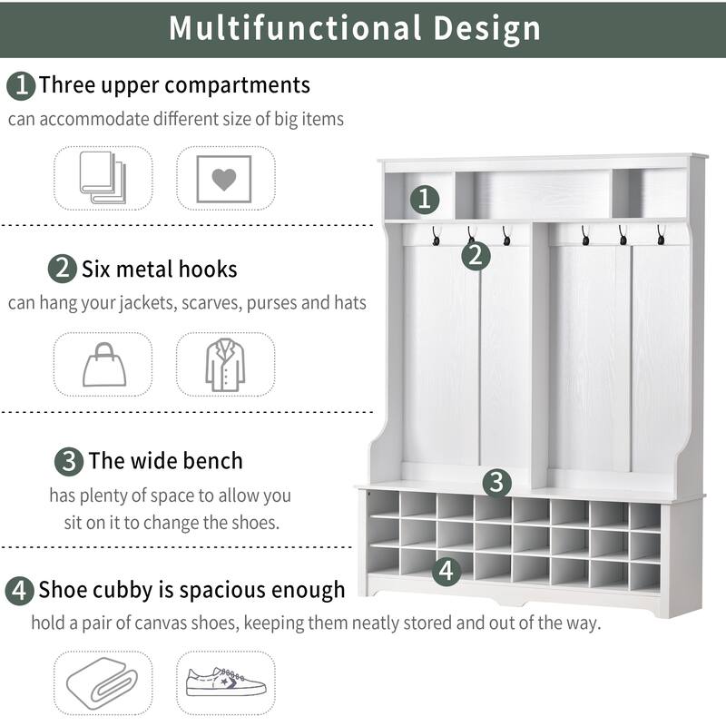 Hallway Coat Rack with Metal Black Hooks, Modern Entryway Storage Bench 60" Wide Hall Tree with 24 Shoe Rack for Home