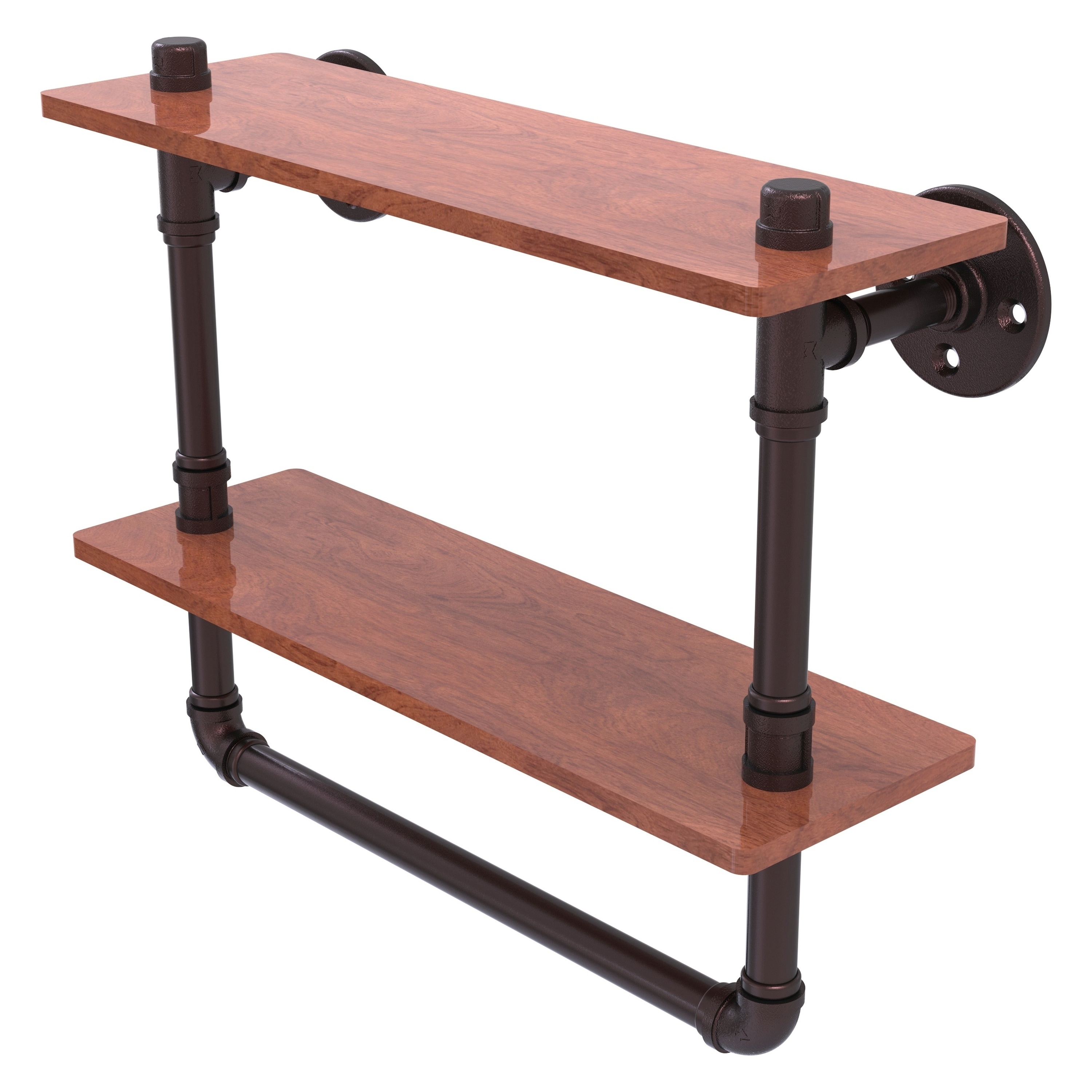 Allied Brass Pipeline Collection 16 Inch Double Ironwood Shelf with Towel Bar