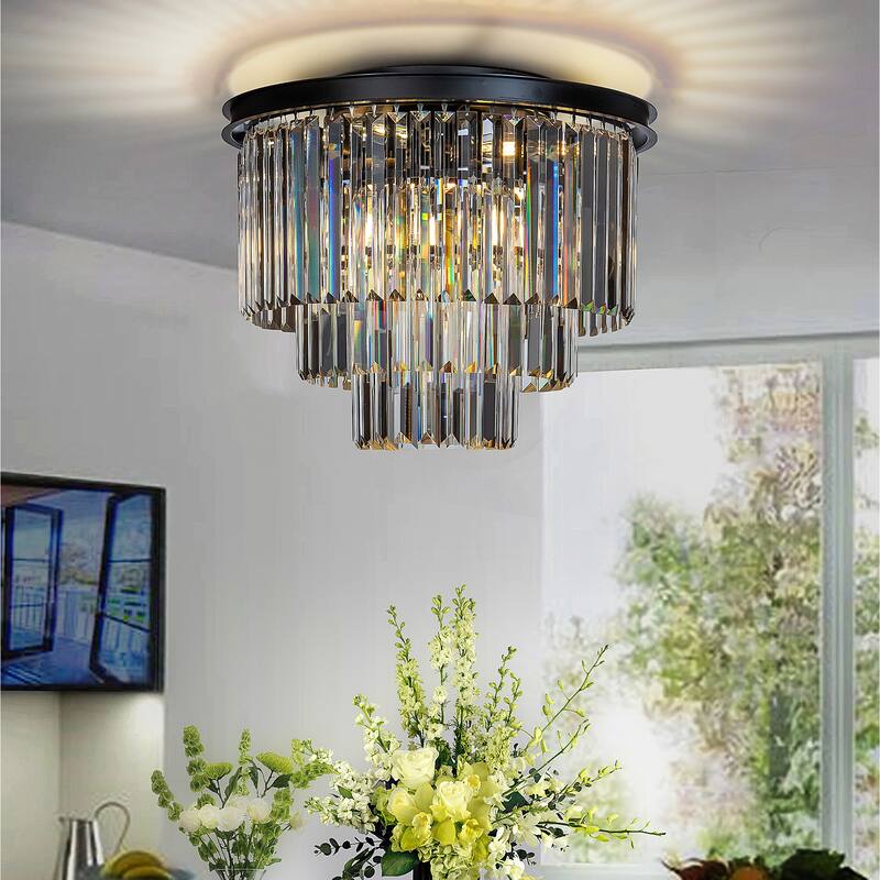 6-Lights Modern 3-Tier Round Fringe Crystal Flush Mount Light
