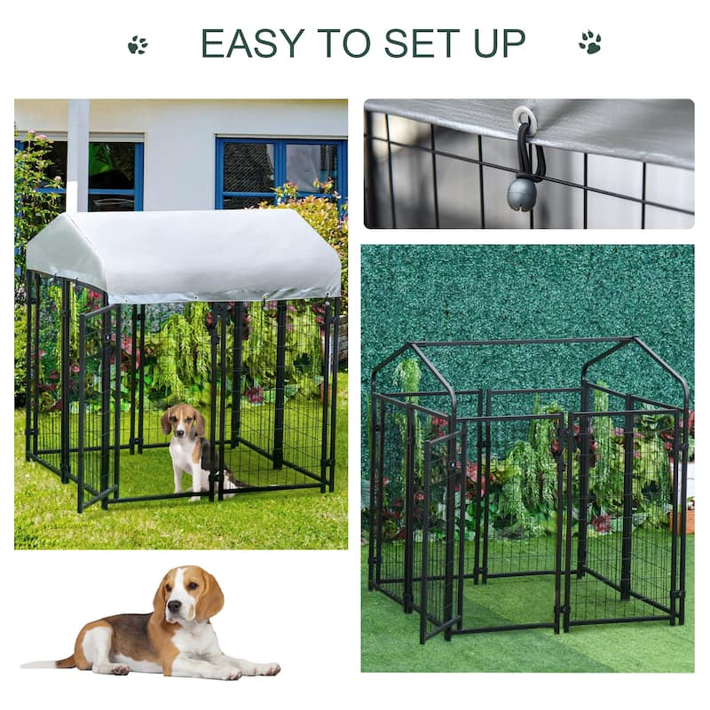Pawhut Large Outdoor Dog Kennel Galvanized Steel Fence with UV-Resistant Oxford Cloth Roof & Secure Lock
