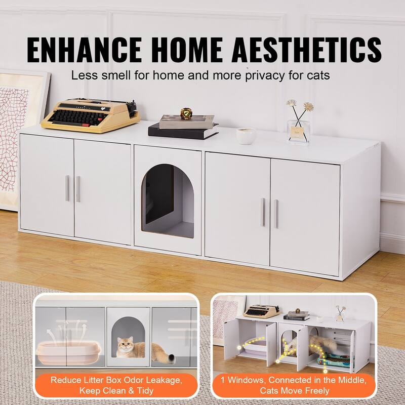 57.9" White Cat Litter Box Enclosure Furniture Hidden with 5 Doors Perfect for Placing Vases Books or any Decorations