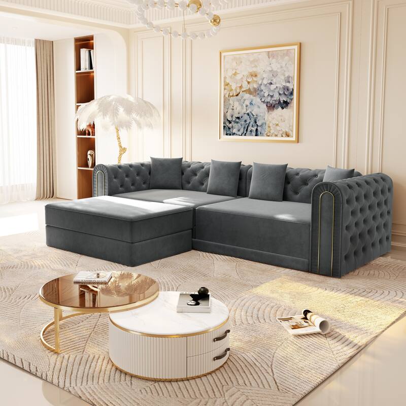 90.6" Velvet Pull Out Sofa Bed, 3-in-1 Convertible Sleeper Sofa with Movable Ottoman, Modern Button Tufted Chesterfield Sofa - Dark Gray