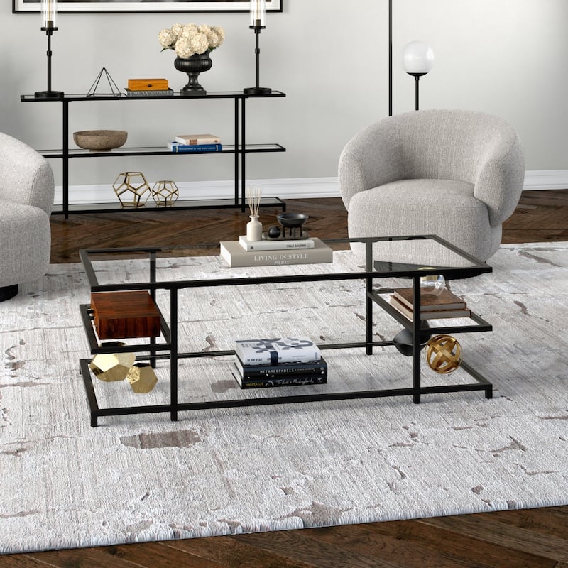 54" Modern Glass Coffee Table with Steel Base and 3 Storage Shelves Perfect for Living Room - 54"L x 24"W x 18"H