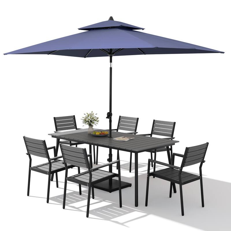 9PC Outdoor Patio Dining Set Aluminum Table with Stackable Armchairs w/ Market Umbrella Set