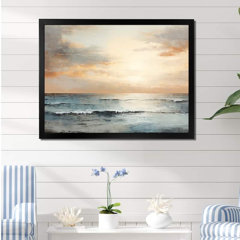 Designart "Beige And Golden Beach Sunset Paradise III" Coastal Sunset Framed Canvas Art Print - 32 in. wide x 16 in. high - Black