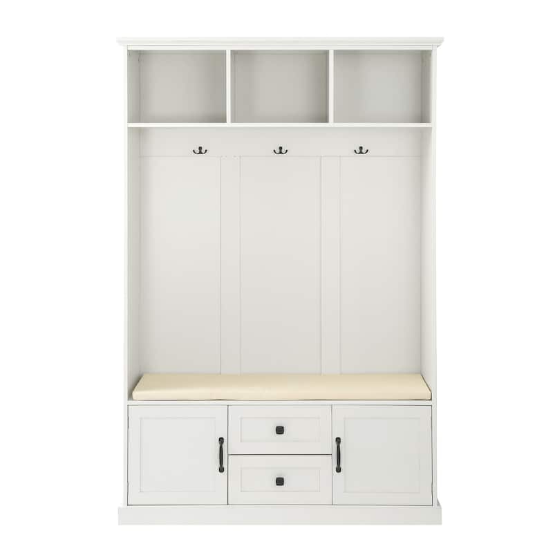 47.2" Hall Tree with 3 Hooks, Open Shelves, Wood Entryway Bench with Shoe Cabinet, Mudroom Coat Rack Cabinet