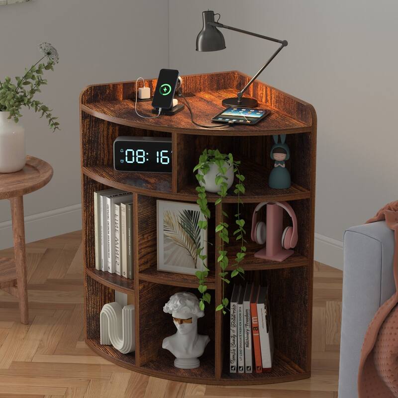 VECELO Corner Cabinet with Charging Station or No Charging Station 3-Tier Bookcase Storage Organizer Triangle Corner Bookcases