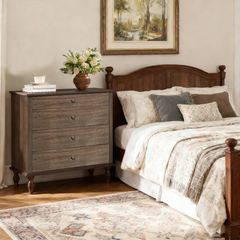 Rustic Wooden 4-Drawer Storage Chest with Metal Knobs and Solid Wood Feet by GDFStudio