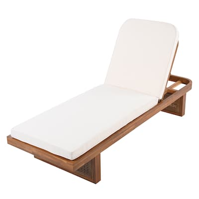 Rattan & Acacia Wood Outdoor Lounge Chair with White Cushion