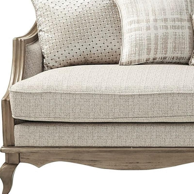 HomeRoots 86" Brown And Beige Upholstered Solid Wood Sofa With Toss Pillows