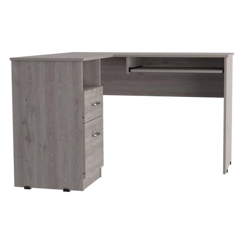 Modern L-Shaped Desk with Keyboard Tray, Two Drawers, and Open Shelf for Corner or Wall Placement