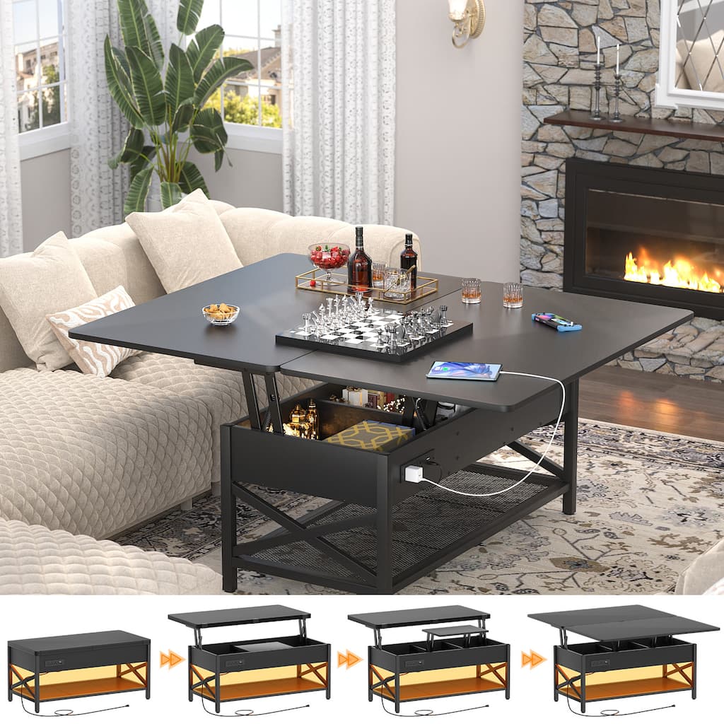 Lift Top Coffee Table with LED Lights and USB Port, Modern Farmhouse Convertible Dining Table