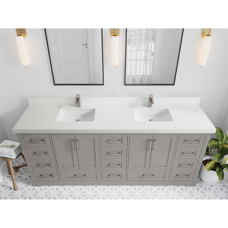 Willow Collection 84 in W x 22 in D x 36 in H Boston Double Bowl Sink Bathroom Vanity with Countertop - 2"White Quartz - Elephant Skin Gray