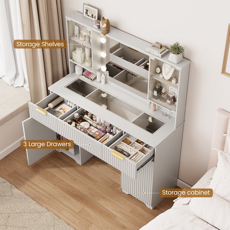 47" Modern Makeup Vanity Desk with Mirror and Large Cabinets, Dressing Table