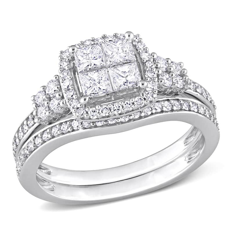 Miadora 7/8ct TDW Princess-Cut Diamond Halo 2-Piece Bridal Ring Set 10k White Gold