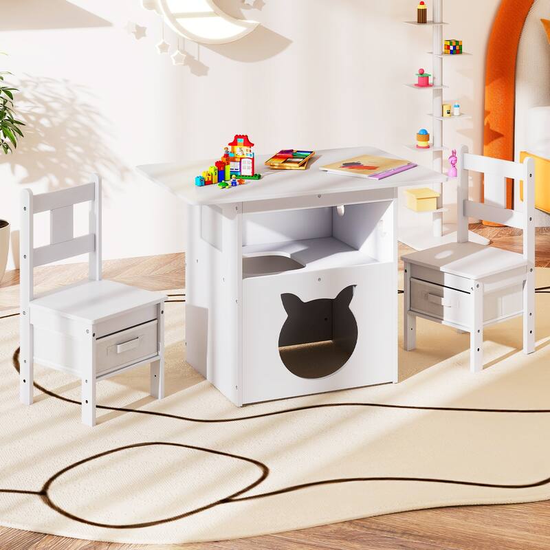 White Kids Table and Chair Set with Storage Bins Cat Shaped 2 in 1 Play and Study Furniture for Playroom or Bedroom - White
