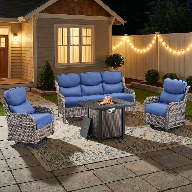 Pocassy 30 In Outdoor Propane Fire Pit Table Patio Sofa Chair Set. - Gray Wicker Blue Cushion - 4-Piece Sofa Swivel Chair w/ Fie Pit Table