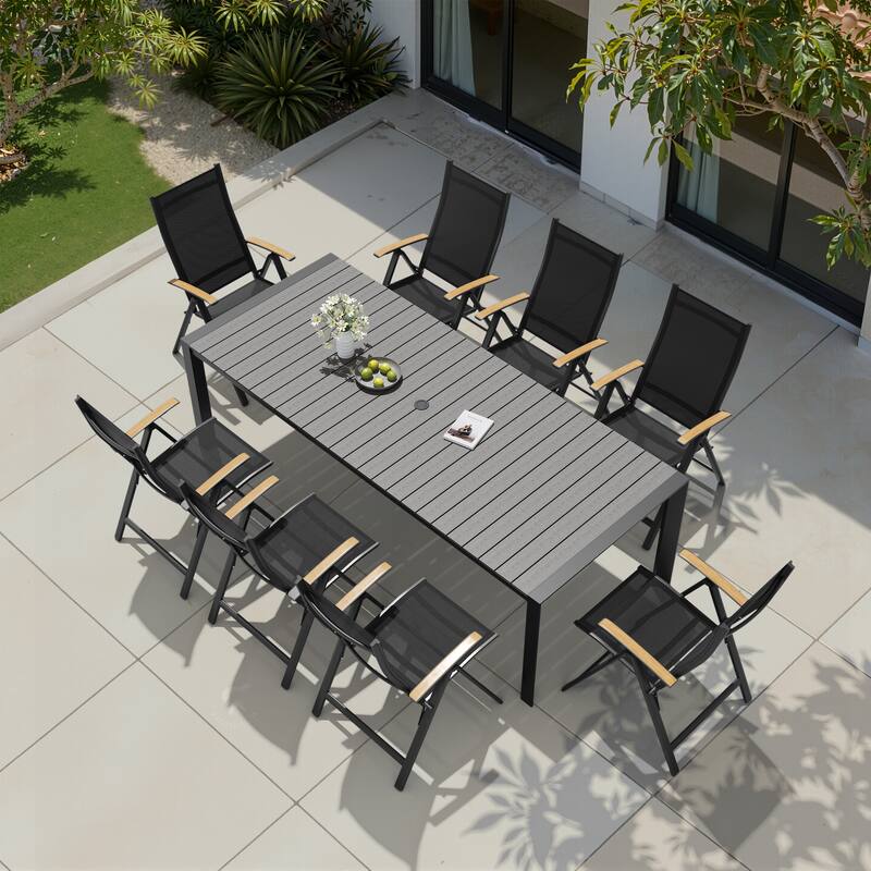 9-Piece Outdoor Patio Dining Set Wood Like Table Top Aluminum Rectangular Umbrella Hole Table with Folding Armrest Chairs