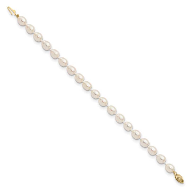Curata 14k Yellow Gold 7 7.5mm White Rice Freshwater Cultured Pearl Bracelet 7.5 Inch