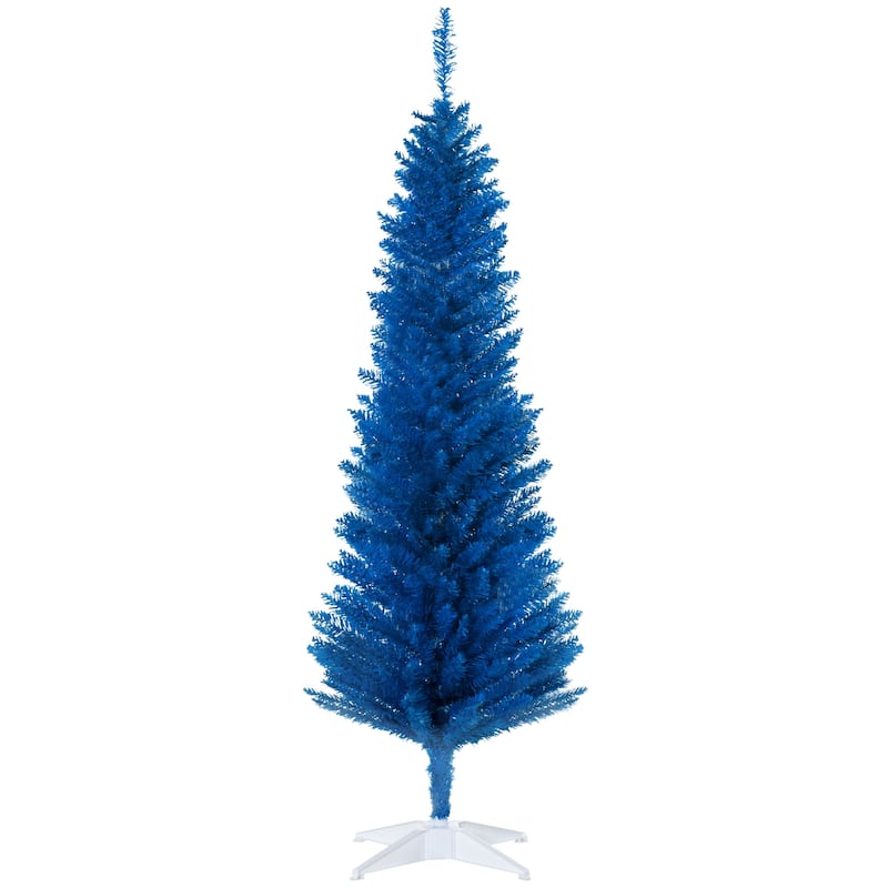 HOMCOM 5' Artificial Pencil Christmas Tree, Slim Xmas Tree with 294 Realistic Branch Tips and Plastic Stand, Blue - 4.91 ft