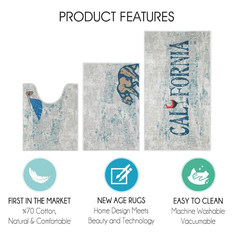 US States Design 3 Piece Bathroom Rugs Set - Non-Slip Ultra Thin Bath Rugs for Bathroom Floor - Washable Bathroom Mats Set