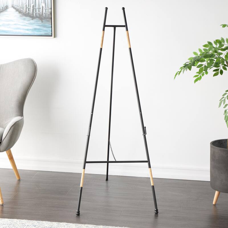 Metal Slim Foldable 2 Tier Display Easel with Wrapped Rattan Accents - Black - Roche River Decor