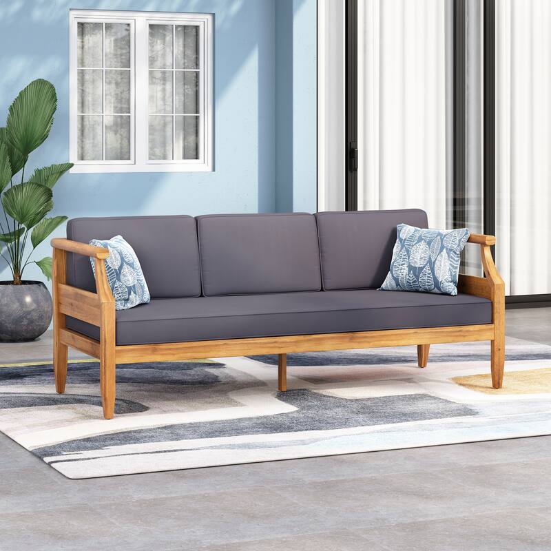Roomfitters Modern 3-Seater Patio Sofa with Acacia Wood Frame and Charcoal Cushions, Dark Grey
