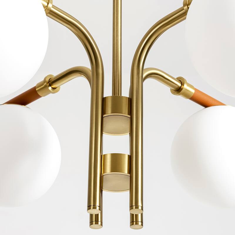 4-Light Mid-Century Modern Gold Linear Sputnik Chandelier with Opal Glass Globe Shades for Living Room, Dining Room, Bedroom