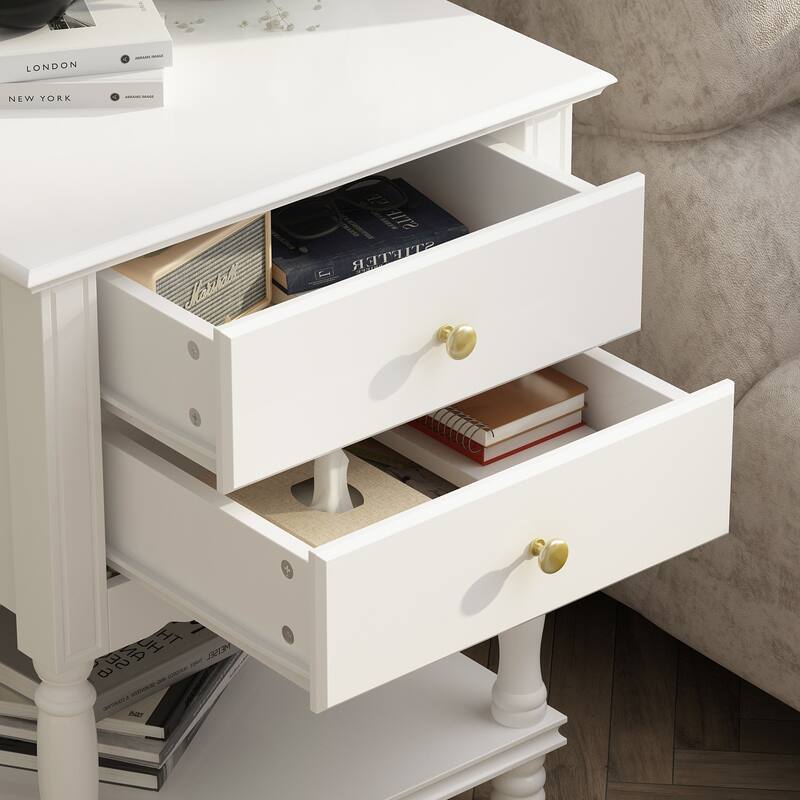 Nightstand Side Tables Drawers and Open Storage Shelf White Lacquer