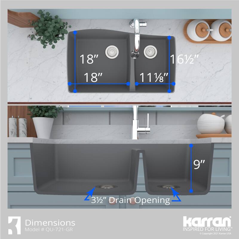Karran Undermount Quartz 33 in. Double Bowl 60/40 Kitchen Sink with Bottom Grids and Strainers