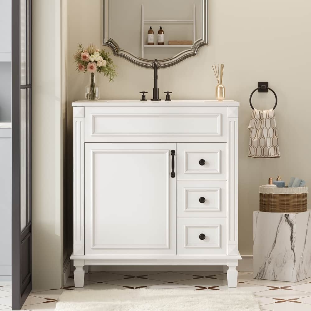 30" Modern Bathroom Vanity with Ceramic Sink - Small Space Cabinet with 2 Soft-Close Drawers & Adjustable Shelf