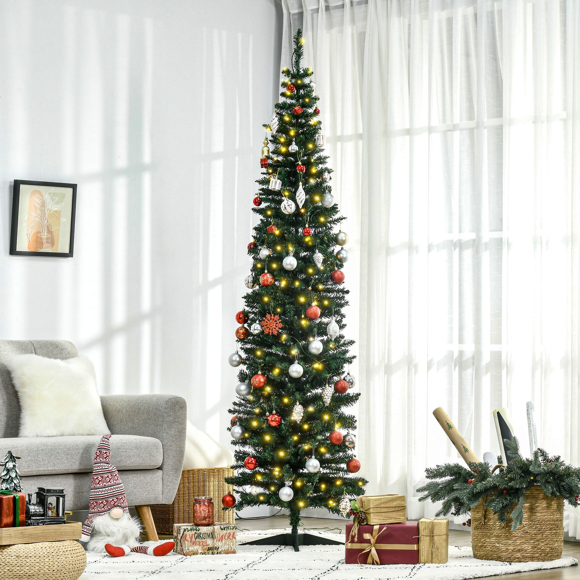 HOMCOM 7ft Tall Pre-Lit Slim Noble Fir Artificial Christmas Tree with Realistic Branches, 200 Warm White LED Lights, Green