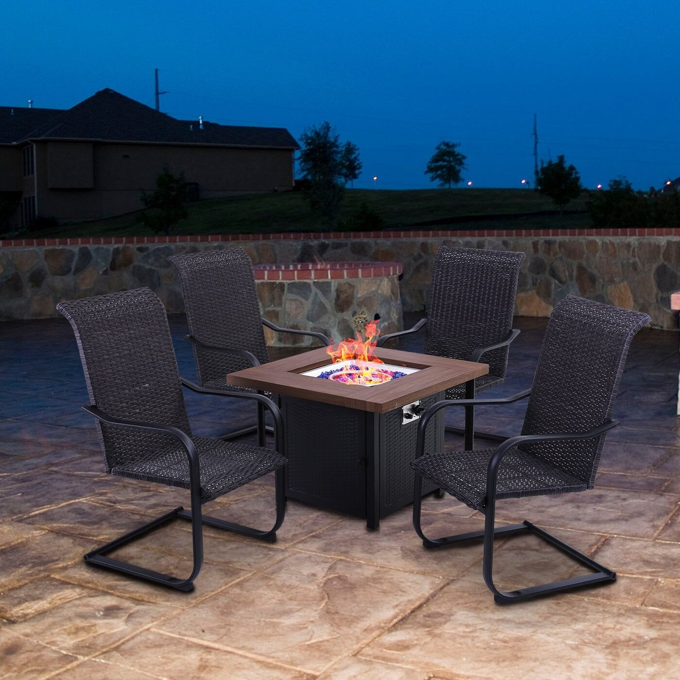 Outdoor propane fire deals pit with chairs