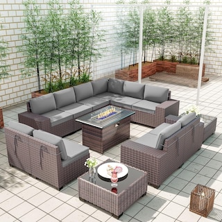 Delnavik 13 Pieces Outdoor Patio Furniture Set with Fire Pit Table w/ Wide Armrests