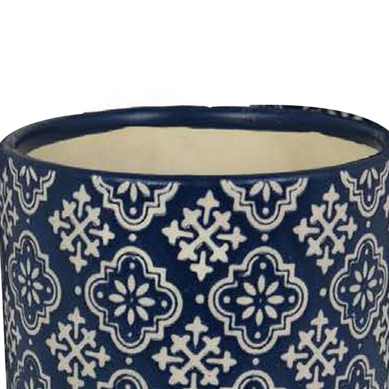 Modern Planter Set of 3, Vintage Floral Motifs, White Blue Ceramic