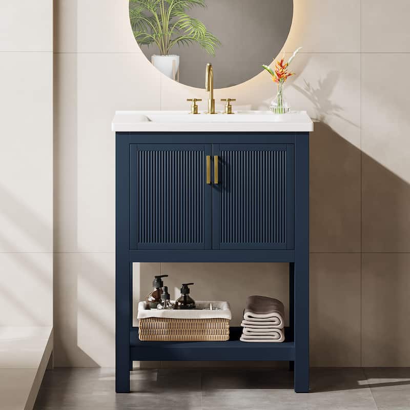 24" Single Bathroom Vanity with Ceramic Sink, Solid Rubberwood Frame & Open Storage Shelf - Blue
