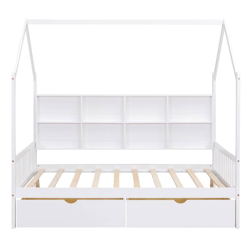 Wooden House Bed with 2 Drawers, Kids Bed with Storage Shelf