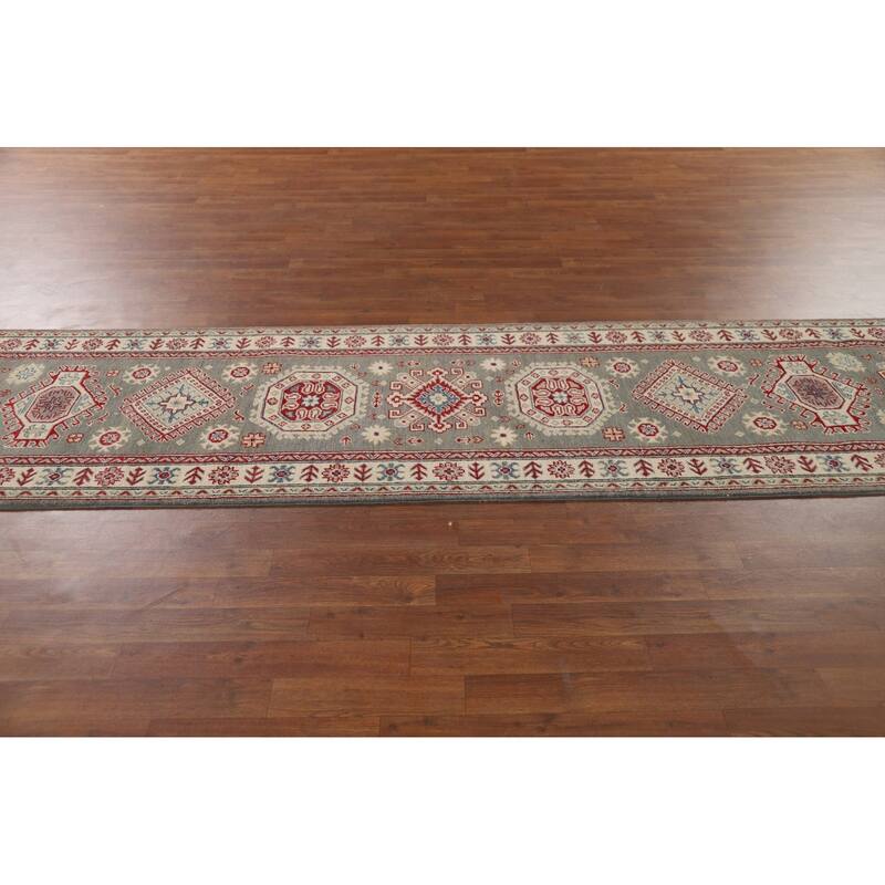Gray Geometric Kazak Runner Rug Handmade Wool Carpet - 2'9" x 16'5"