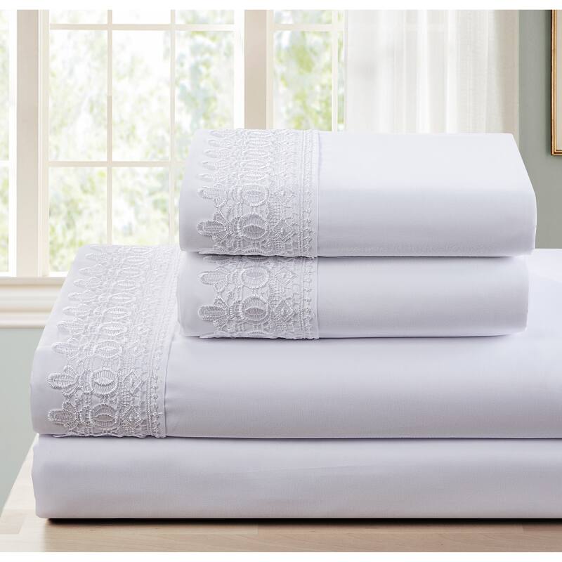 SL SPIRIT LINEN HOME EST. 1988 Lace Sheet Set - Double Brushed Microfiber - White - Twin