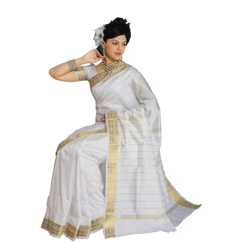 White Art Silk Saree Sari fabric India Golden Border