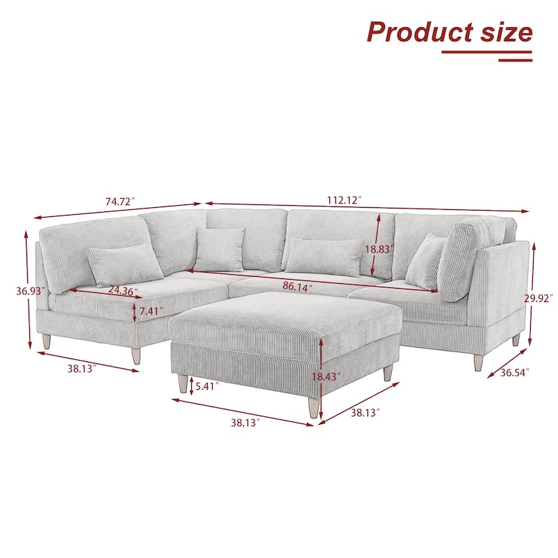 5-Piece Modern Comfy Corduroy Modular Sectional Sofa with Ottoman