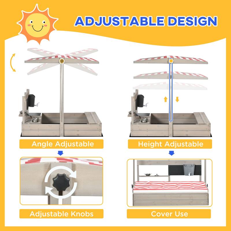 Wooden Kids Sandbox with Cover, Children Outdoor Sand Box with Foldable Bench Seats, Adjustable Canopy, Bottom Liner