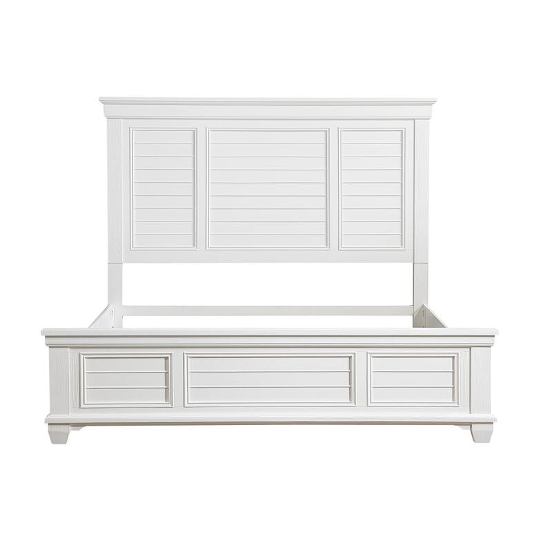 Lyni Queen Size Bed with Farmhouse Style Headboard, Solid White Acacia Wood