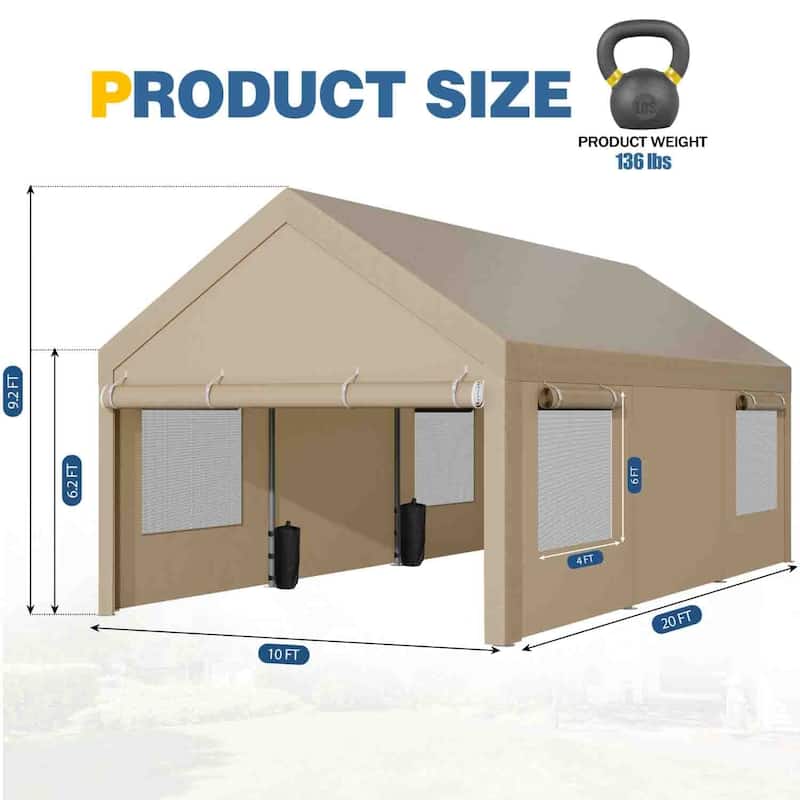 Futzca 12x20 ft Carport Canopy, Waterproof Outdoor Shelter with Sandbags